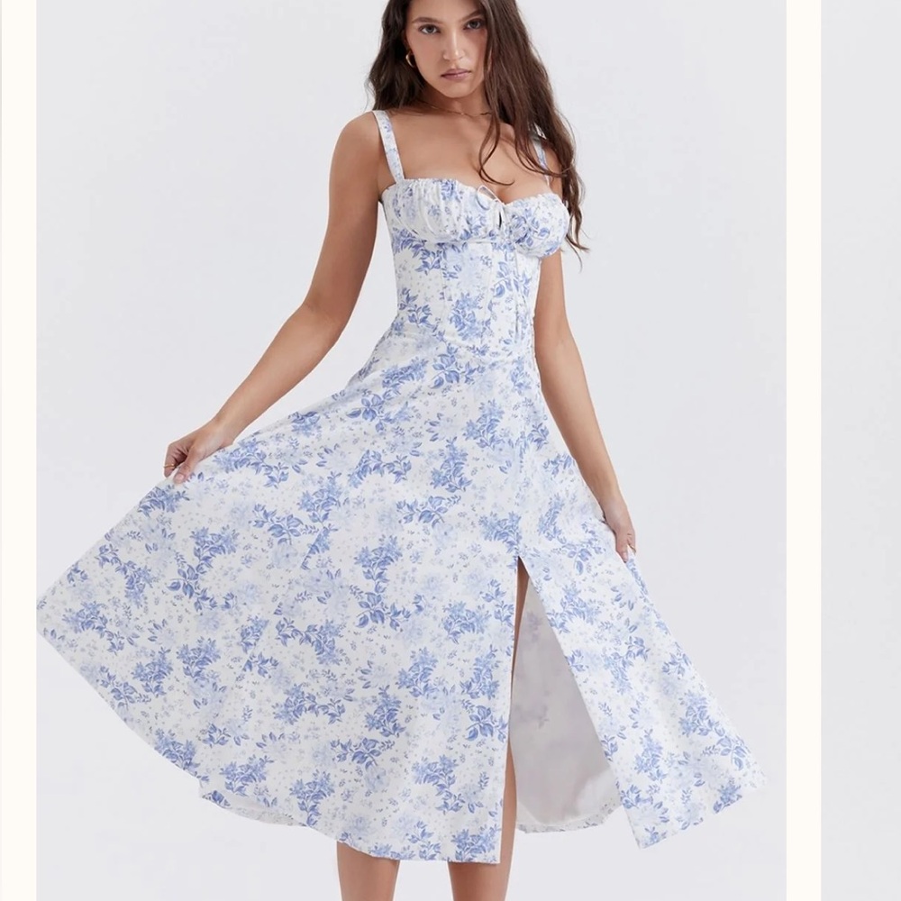 HOUSE OF CB NWT Carmen Blue Print Bustier Sundress Stretch Floral Cottagecore XS
